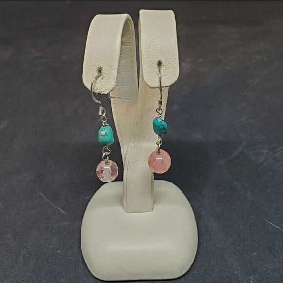925 Sterling Silver Pink & Blue Dangling Earrings - Picture 2 of 3